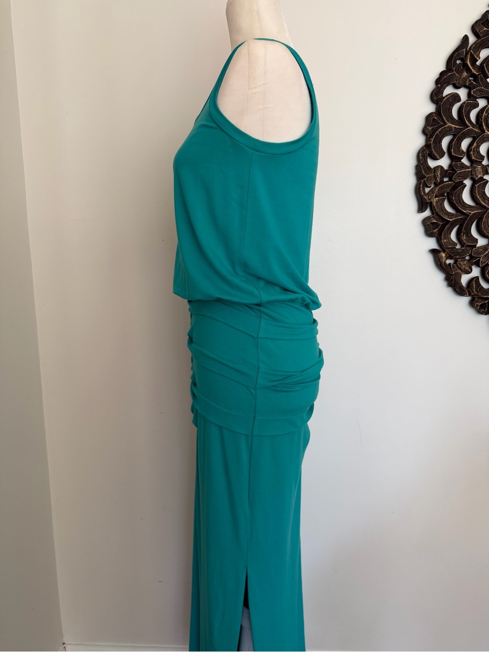 Nicole Miller Teal Green Maxi Dress with Ruched Waist